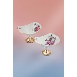 Peony 2 adet altın yaldızlı metal ayaklı porselen çerezlik