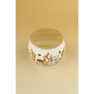 Retro tavşan bambu kapaklı porselen saklama kabı