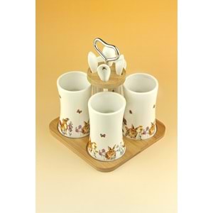 Retro tavşan bambu standlı porselen kupa takımı