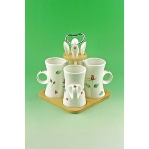 Kırmızı gül bambu standlı porselen kupa takımı