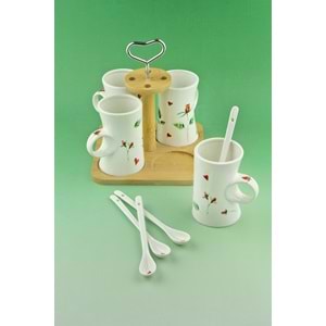 Kırmızı gül bambu standlı porselen kupa takımı