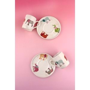 Renkli fil iki kişilik porselen kahve fincan takımı