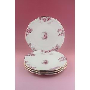 Pembe İngiliz altın yaldızlı 4 parça porselen pasta tabağı