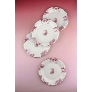 Pembe İngiliz altın yaldızlı 4 parça porselen pasta tabağı