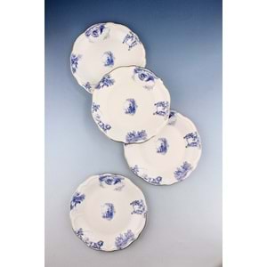 Mavi İngiliz altın yaldızlı 4 parça porselen pasta tabağı