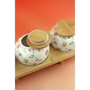 Mine çiçeği bambu standlı 3 lü porselen baharatlık