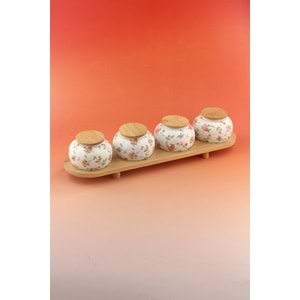 Mine çiçeği bambu standlı 4 lü porselen baharatlık