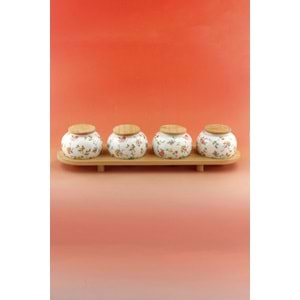 Mine çiçeği bambu standlı 4 lü porselen baharatlık