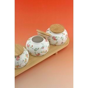 Mine çiçeği bambu standlı 4 lü porselen baharatlık