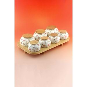 Mine çiçeği bambu standlı 7 li porselen baharatlık