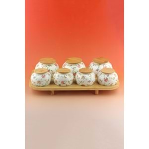 Mine çiçeği bambu standlı 7 li porselen baharatlık