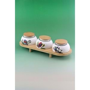Garden birds bambu standlı 3 lü porselen baharatlık