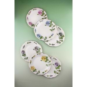 Renkli güller altın yaldızlı 6 parça porselen pasta tabağı