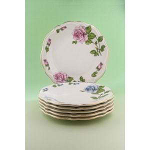 Renkli güller altın yaldızlı 6 parça porselen pasta tabağı