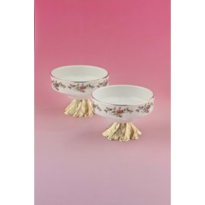 Rosa 2 adet altın yaldızlı metal ayaklı porselen çerezlik