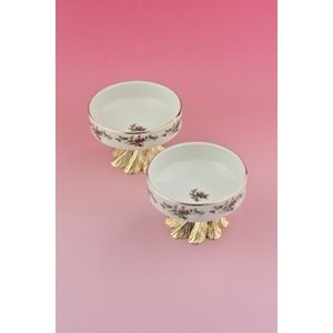 Rosa 2 adet altın yaldızlı metal ayaklı porselen çerezlik