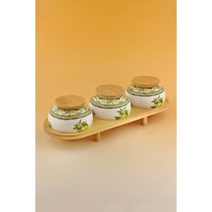 Capri lemon bambu standlı 3 lü porselen baharatlık