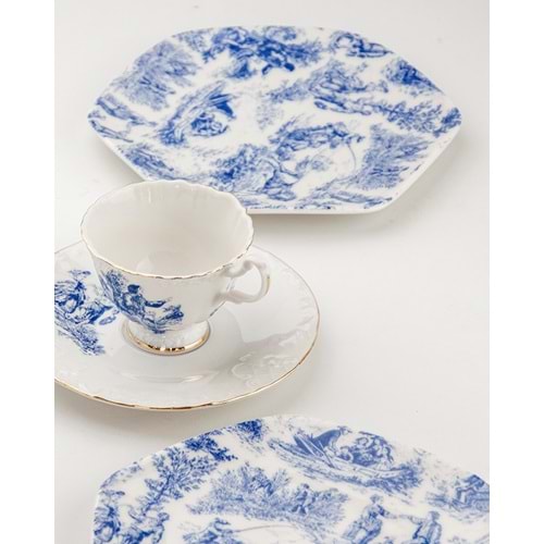 Mavi İngiliz 4 parça porselen tatlı/kurabiye tabağı