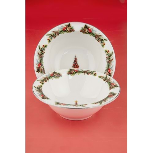 Christmas green gümüş kenarlı porselen ikili kase