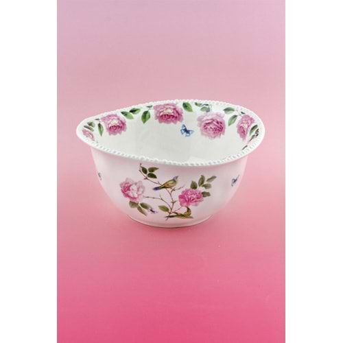 İnci serisi pembe gül ve kuş porselen salata kasesi