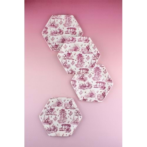 Royal pembe 4 parça porselen tatlı/kurabiye tabağı