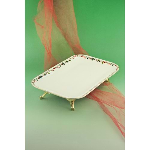 Christmas gold metal ayaklı porselen tepsi