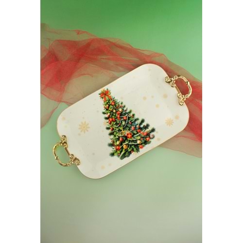 Christmas tree gold metal saplı porselen tepsi