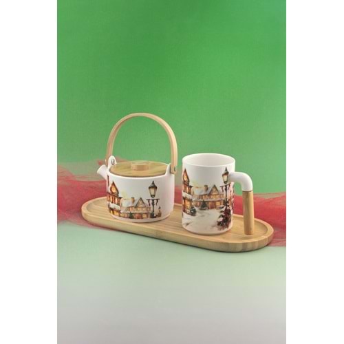 Christmas village bambu tepsili porselen çay demlik seti