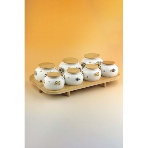 Veloria bambu standlı 7 li porselen baharatlık