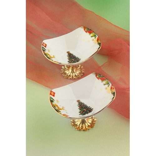 Christmas tree 2 adet altın yaldızlı metal ayaklı porselen kase