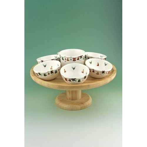 Christmas bells bambu tepsili & ayaklı porselen çerezlik seti