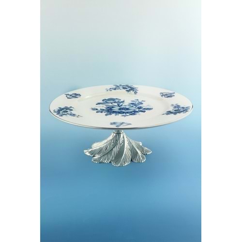 Blue flowers gümüş metal ayaklı tabak