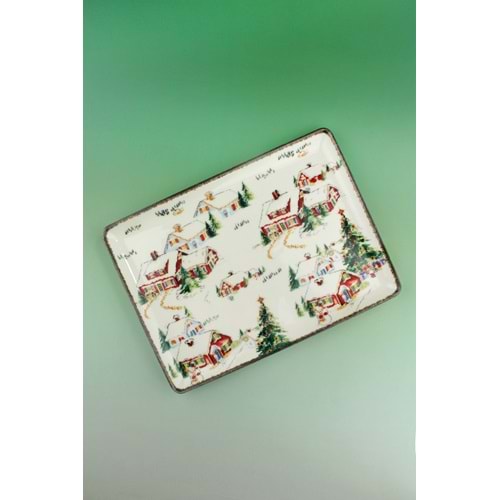 Retro snowy village porselen tepsi