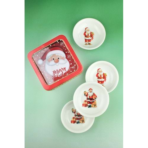 Santa joy 4 parça porselen çerezlik metal yılbaşı hediye kutulu
