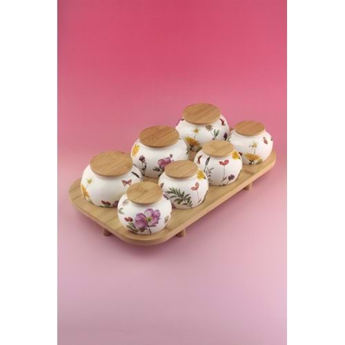 Meadow bambu standlı 7 li porselen baharatlık