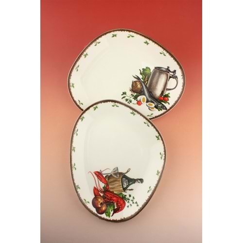 Retro lobster & fish porselen 2 adet servis/sunum tabağı