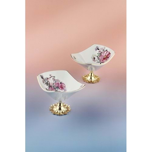 Peony 2 adet altın yaldızlı metal ayaklı porselen çerezlik