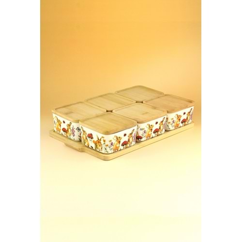 Retro tavşan 6 lı bambu kapaklı porselen kahvaltılık