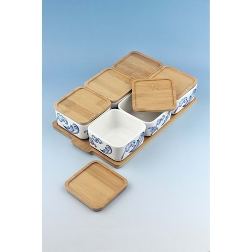 Blue blanc 6 lı bambu kapaklı porselen kahvaltılık