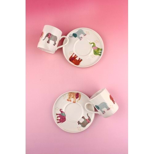 Renkli fil iki kişilik porselen kahve fincan takımı