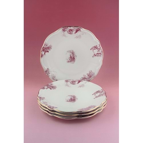 Pembe İngiliz altın yaldızlı 4 parça porselen pasta tabağı