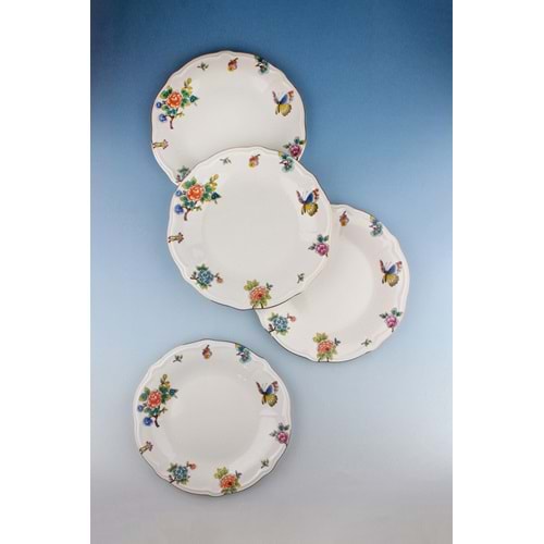 Çiçek buketi altın yaldızlı 4 parça porselen servis tabağı