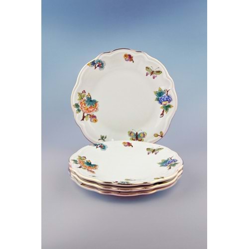 Çiçek buketi altın yaldızlı 4 parça porselen pasta tabağı