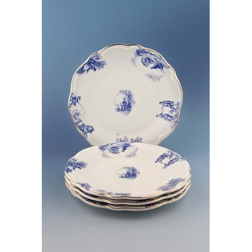 Mavi İngiliz altın yaldızlı 4 parça porselen pasta tabağı