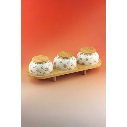 Mine çiçeği bambu standlı 3 lü porselen baharatlık