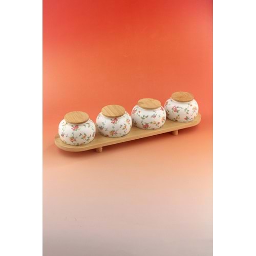 Mine çiçeği bambu standlı 4 lü porselen baharatlık