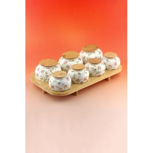 Mine çiçeği bambu standlı 7 li porselen baharatlık