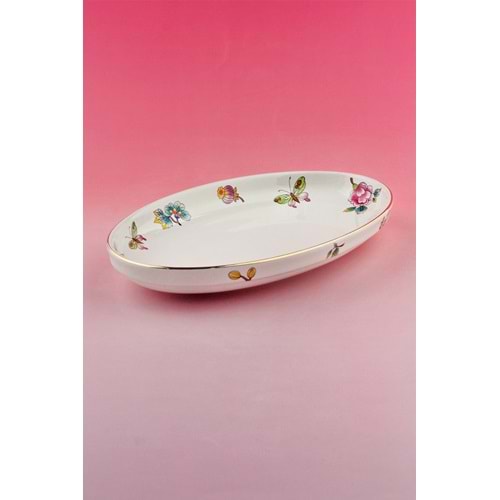 Çiçek buketi altın yaldızlı porselen kayık tabak