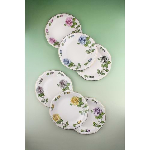 Renkli güller altın yaldızlı 6 parça porselen pasta tabağı