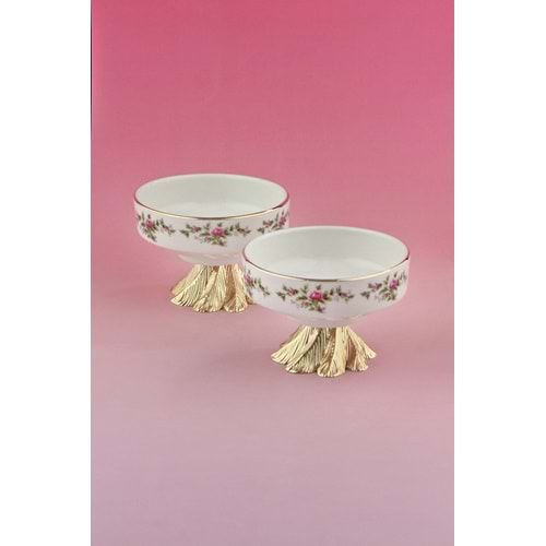 Rosa 2 adet altın yaldızlı metal ayaklı porselen çerezlik